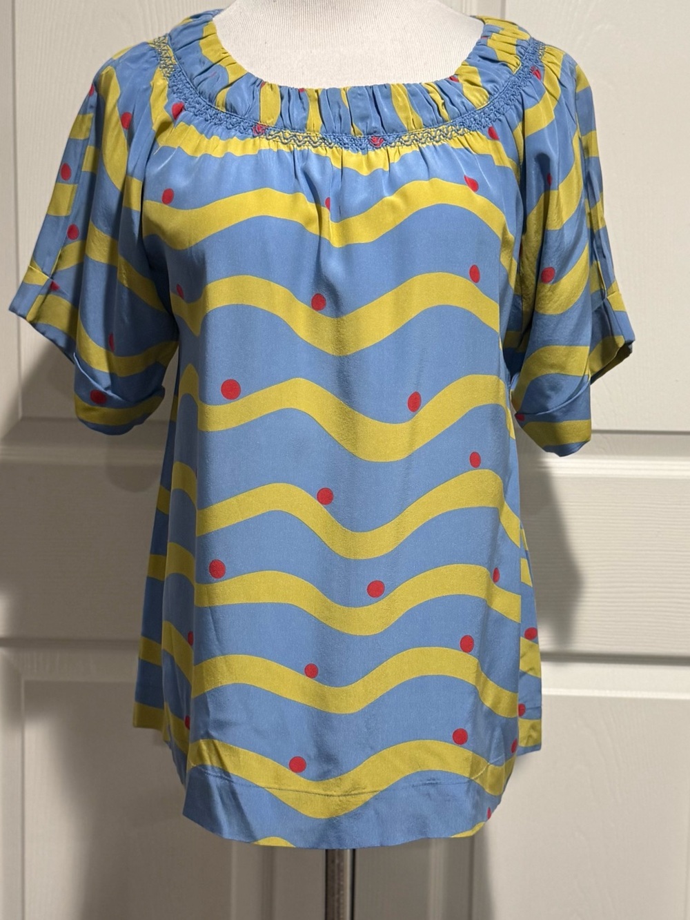 Silk! See by Chloe  Blue 100% Silk Striped and Dotted Short Sleeved Shirt